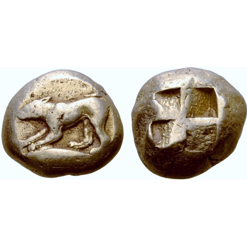 264 - Mysia, Kyzikos EL Stater. Circa 500-450 BC. Dog standing to left, fore-paw raised; tunny fish to lef... 