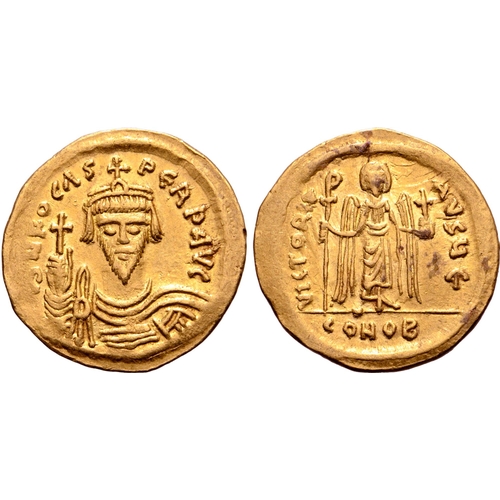 265 - Phocas AV Solidus. Constantinople, AD 602-610. [d]N FOCAS PERP AVG, draped and cuirassed bust facing... 