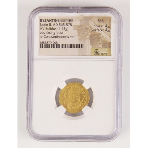 270 - Justin II, AD 565-578 BYZANTINE EMPIRE AV Solidus
NGC Grade: MS Strike: 4/5 Surface: 4/5
Pedigree: r... 