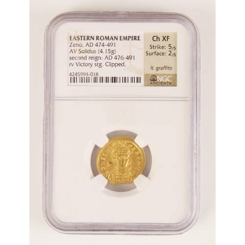 271 - Zeno, AD 474-491 EASTERN ROMAN EMPIRE AV Solidus
NGC Grade: Ch XF Strike: 5/5 Surface: 2/5
Pedigree:... 