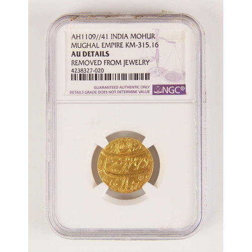 272 - AH1109//41 INDIA MUGHAL EMPIRE KM-315.16 MOHUR
NGC Grade: AU Details
Comment: Removed from jewellery... 