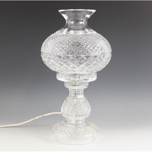 531 - A Waterford Crystal table lamp, 20th century, modelled as an oil lamp with hobnail decoration, etche... 