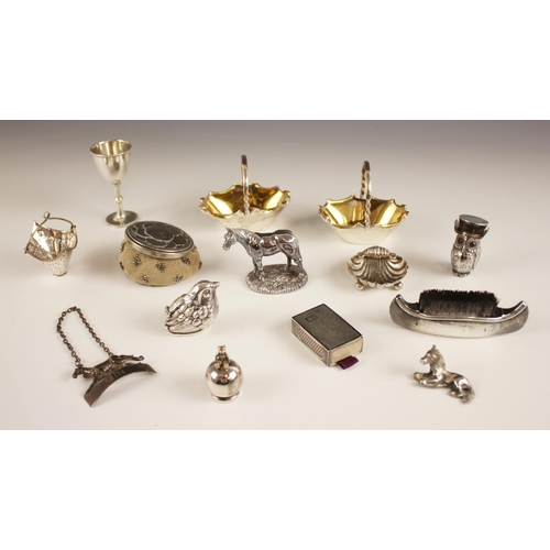 109 - A selection of silver and silver coloured items, to include a pair of silver fixed handle baskets, E... 