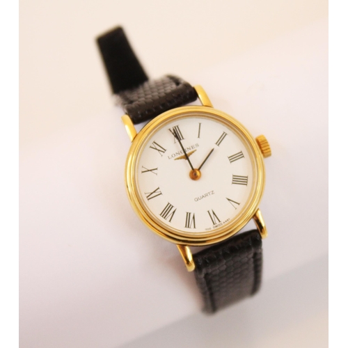 162 - A gold-plated ladies Longines quartz wristwatch, the circular white dial with Roman numerals, set to... 