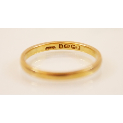 186 - A 22ct yellow gold wedding band, marked for Birmingham 1941, ring size N, weight 2.6gms, indistinct ... 