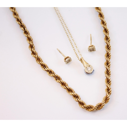 195 - A diamond 9ct gold necklace, the brilliant round cut diamond within a 9ct gold crimped border and pl... 