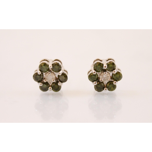 209 - A pair of ‘green’ colour treated diamond and diamond cluster earrings, designed as a flower head wit... 