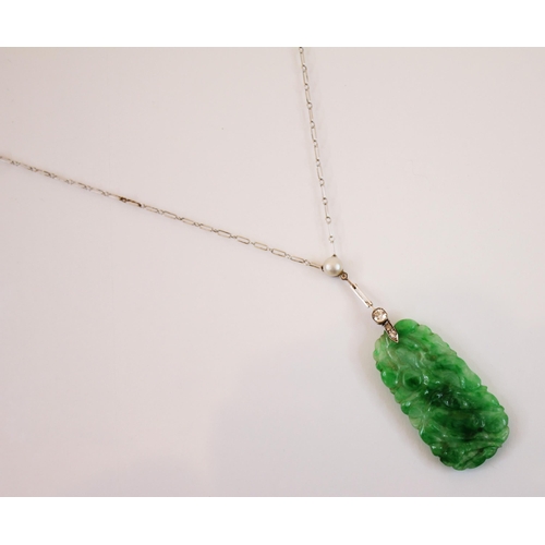 221 - An Art Deco jade and diamond necklace, the pearl and old cut diamond mounted white metal spacer susp... 