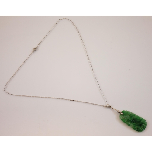 221 - An Art Deco jade and diamond necklace, the pearl and old cut diamond mounted white metal spacer susp... 