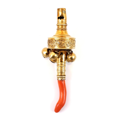 30 - An early 19th century gilt coloured baby rattle, possibly Matthew Chawner, the beaded border above a... 