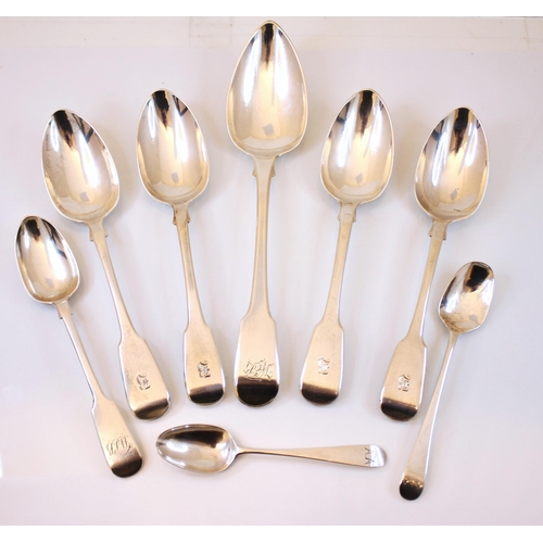 39 - A set of four William IV silver fiddle pattern table spoons, Benoni Stephens, London 1834, with init... 