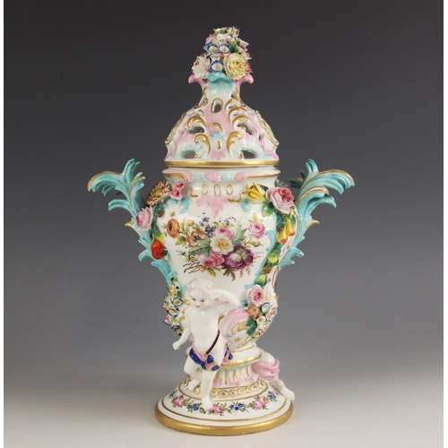 471 - A Continental porcelain florally encrusted potpourri and cover, 19th century, of inverted gourd form... 