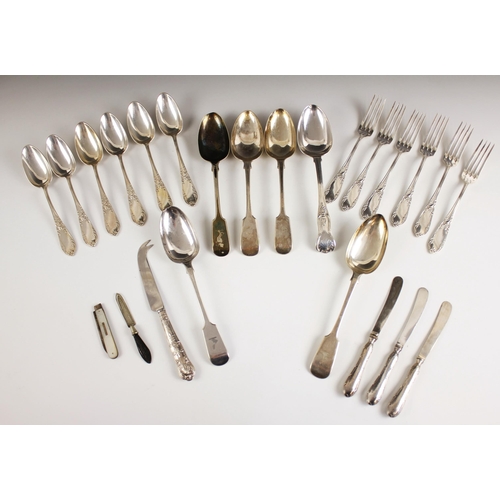 143 - A selection of silver plate items, to include a set of six French desert forks and spoons, with cast... 