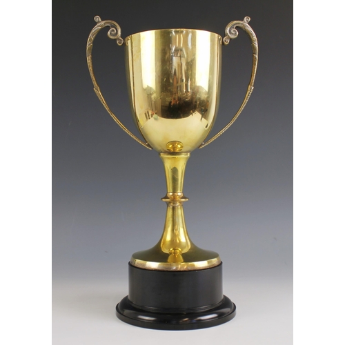 145 - A silver plated trophy, the gilt coloured cast foliate twin handles above plain polished body engrav... 