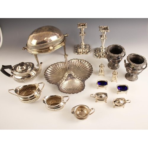 148 - A selection of silver plate, to include a pair of Walker and Hall twin handled miniature urns, the s... 