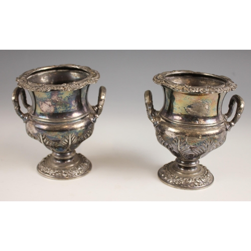 148 - A selection of silver plate, to include a pair of Walker and Hall twin handled miniature urns, the s... 