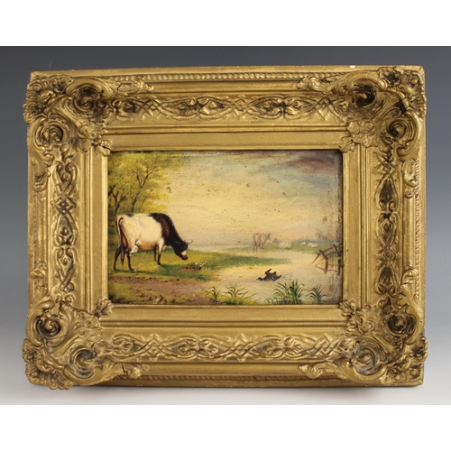 381 - English school 19th century,  
A naïve study of cattle on a riverbank with mallard duck landing,  
O... 