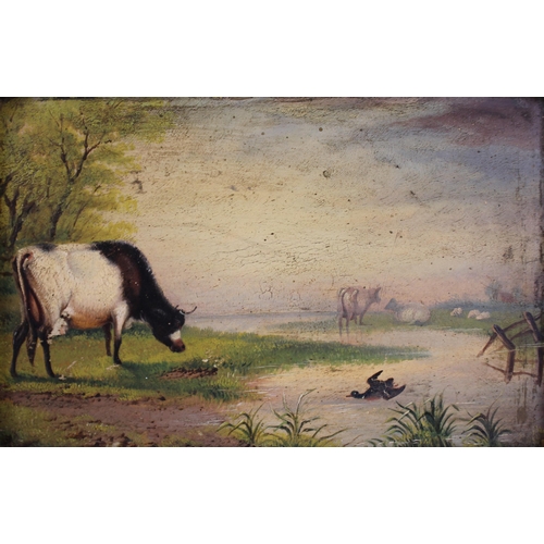 381 - English school 19th century,  
A naïve study of cattle on a riverbank with mallard duck landing,  
O... 