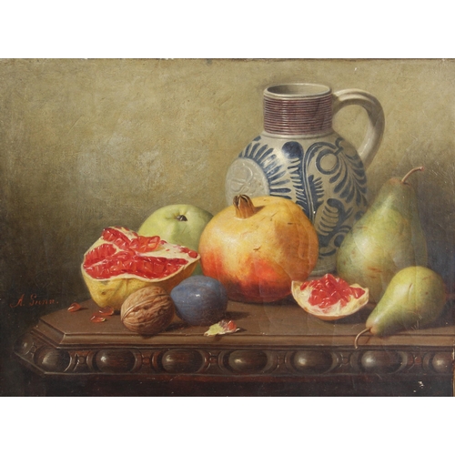 387 - A Gunn (English school, 19th century),  
Still life with pomegranates, fruit, nuts and jug,  
Oil on... 