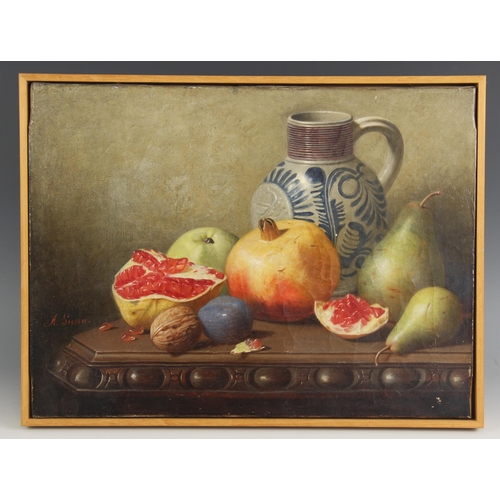 387 - A Gunn (English school, 19th century),  
Still life with pomegranates, fruit, nuts and jug,  
Oil on... 