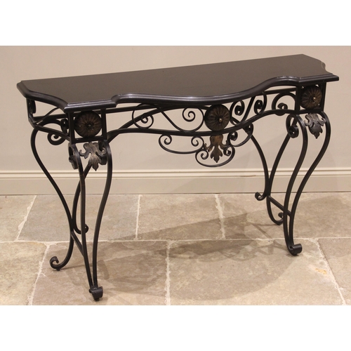 844 - A wrought iron and marble top console table, late 20th century, the moulded serpentine grey marble t... 