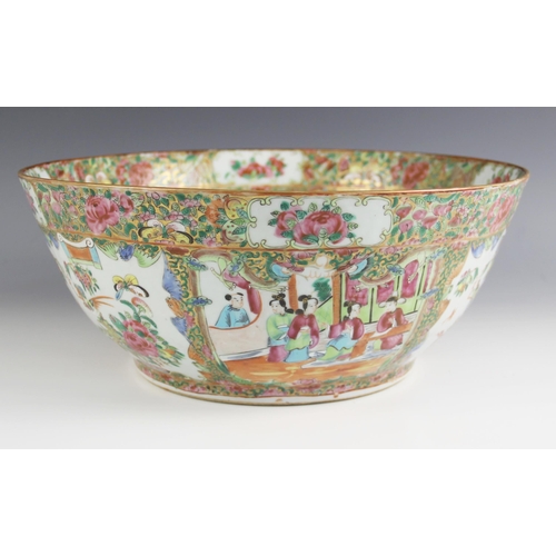 435 - A large Chinese porcelain Canton centre bowl, 19th century, the tapered circular bowl extensively de... 