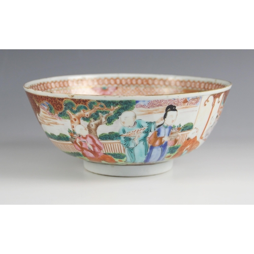 436 - A Chinese porcelain bowl, 18th century, of tapering circular form, externally decorated with two pan... 