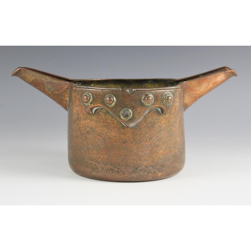 443 - A Chinese copper cooking vessel, 18th/19th century, the tapered cylindrical body with twin spouts, t... 