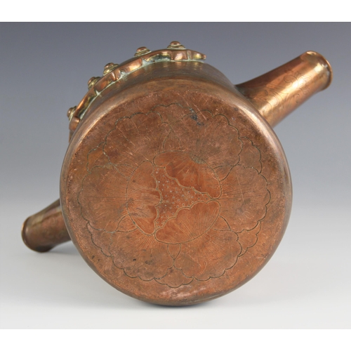 443 - A Chinese copper cooking vessel, 18th/19th century, the tapered cylindrical body with twin spouts, t... 