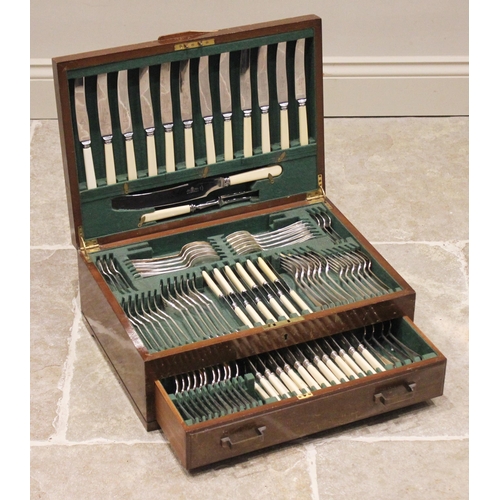 144 - A silver plated Hanoverian pattern canteen of cutlery, the twelve place setting within a wooden case... 