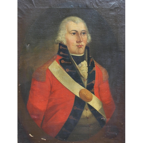 399 - Manner of John Hoppner R.A. (1758-1810),  
A half length oil portrait of a military officer, his sas... 