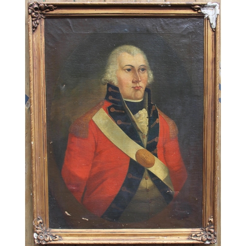 399 - Manner of John Hoppner R.A. (1758-1810),  
A half length oil portrait of a military officer, his sas... 