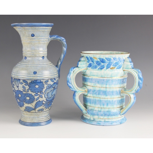 492 - A Burleigh Ware jug designed by Charlotte Rhead, the cylindrical shaped jug ribbed body and rope twi... 