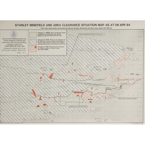 323 - Military Interest; A framed Stanley Minefield and area clearance situation map, dated for 6 April 19... 