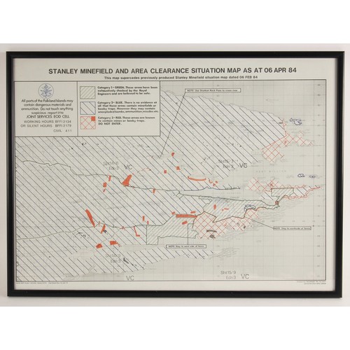 323 - Military Interest; A framed Stanley Minefield and area clearance situation map, dated for 6 April 19... 