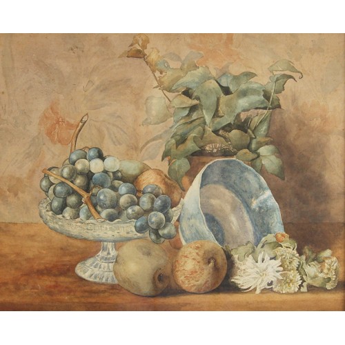 356 - English school (20th century),  
Still life with grapes and apples,  
Watercolour on board,  
Unsign... 