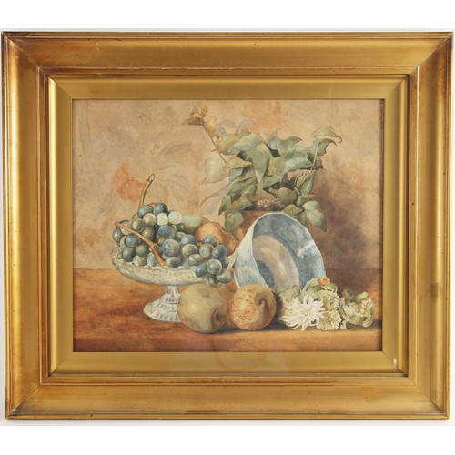 356 - English school (20th century),  
Still life with grapes and apples,  
Watercolour on board,  
Unsign... 