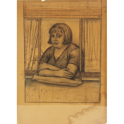 351A - Clifford Hall, R.O.I. N.S. (British, 1904-1973),  
Study of a woman in a window, her arms resting on... 