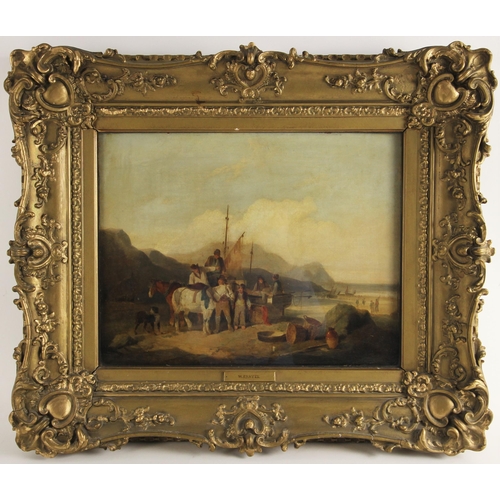 388 - Circle of William Shayer (British, 1787–1879),  
Fishermen and their boat on a beach with ponies and... 