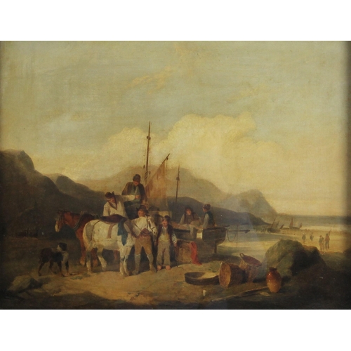 388 - Circle of William Shayer (British, 1787–1879),  
Fishermen and their boat on a beach with ponies and... 