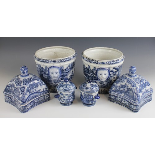 490 - A pair of Chinese craquelure glazed blue and white cache pots, 20th century, each of cylindrical for... 