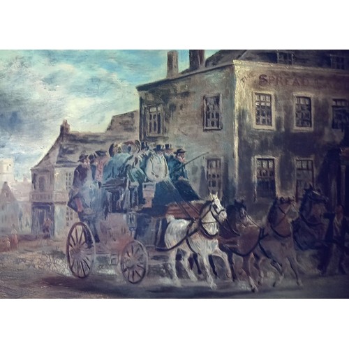 393 - John Charles Maggs (British, 1819-1896),  
A carriage arriving at the Spread Eagle Hotel,  
Oil on c... 