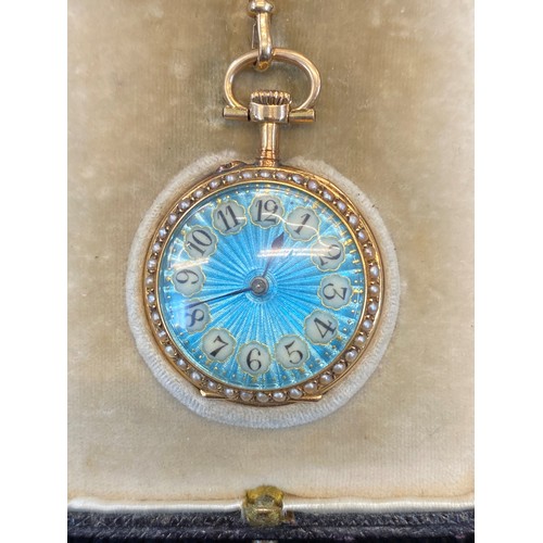 149 - A late 19th century French ladies gold fob watch, the circular blue guilloche enamelled dial with Ar... 