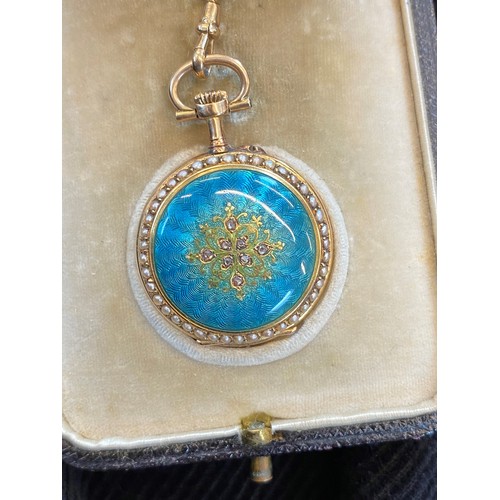 149 - A late 19th century French ladies gold fob watch, the circular blue guilloche enamelled dial with Ar... 