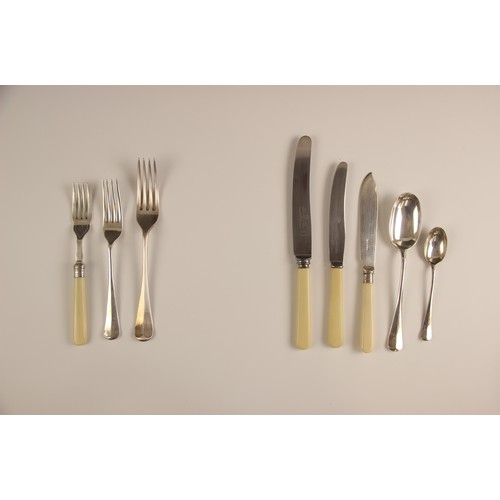 144 - A silver plated Hanoverian pattern canteen of cutlery, the twelve place setting within a wooden case... 