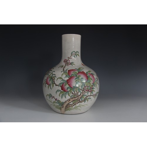 432 - A Chinese porcelain peach bloom vase, 20th century, the tianqiuping shaped globular vase externally ... 