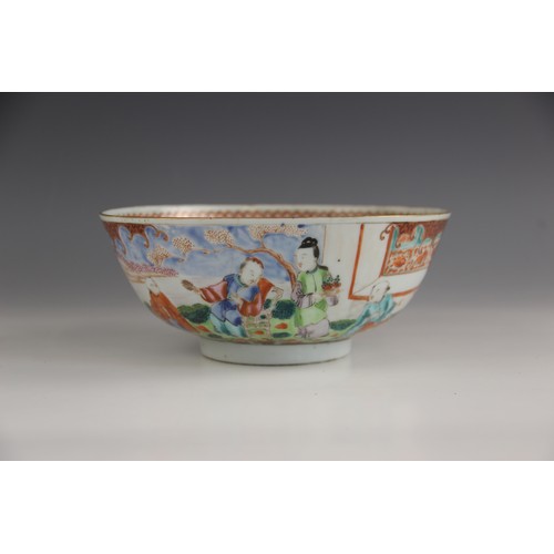 436 - A Chinese porcelain bowl, 18th century, of tapering circular form, externally decorated with two pan... 