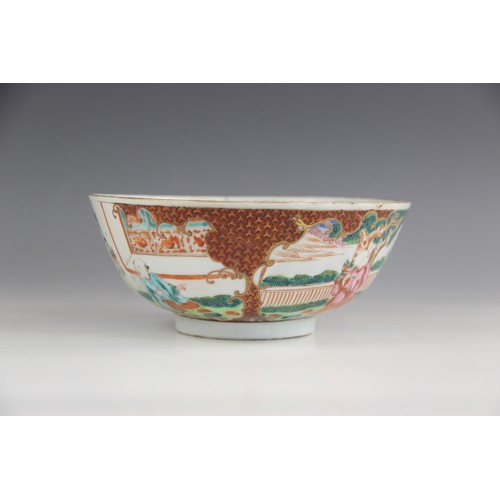 436 - A Chinese porcelain bowl, 18th century, of tapering circular form, externally decorated with two pan... 