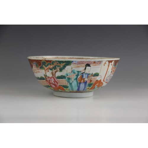 436 - A Chinese porcelain bowl, 18th century, of tapering circular form, externally decorated with two pan... 