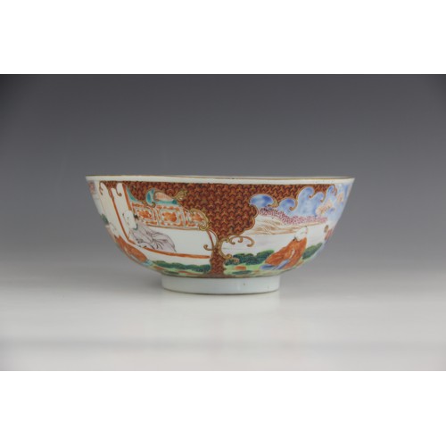 436 - A Chinese porcelain bowl, 18th century, of tapering circular form, externally decorated with two pan... 